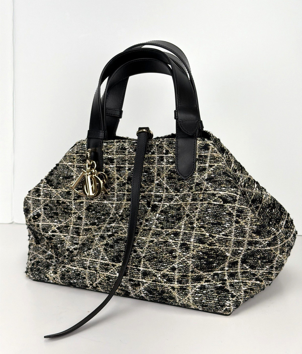 Dior Toujours Top Handle Bag Medium in Black White & Gold Cannage Tweed 2024 F-3